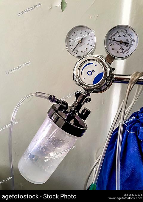 MONTEVIDEO, URUGUAY, SEPTEMBER - 2019 - Oxygen tank detail at hospital room, montevideo city, uruguay