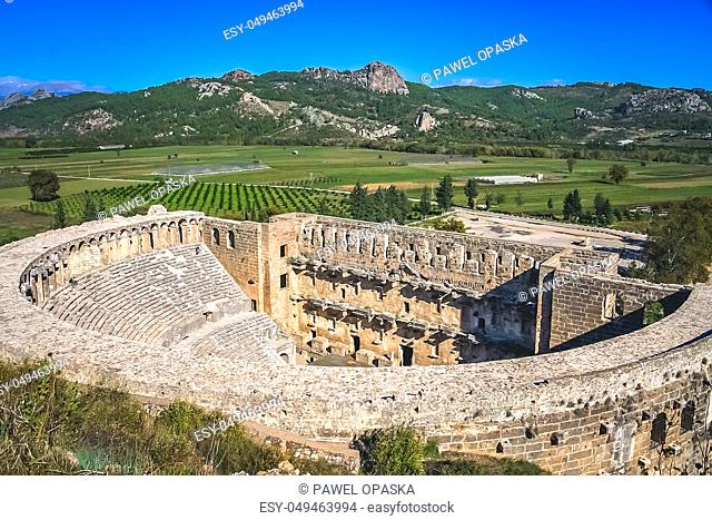 Remnants of the open old circle theater, constructed by Greece architect Eenon during time of Mark Aurelius, Aspendos, Antalya, Turkey