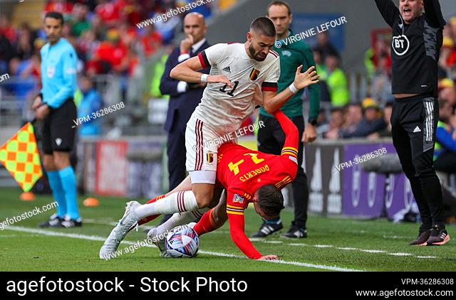 Belgium's Yannick Carrasco, and Welsh Connor Roberts fight for the ball during a soccer game between Wales and Belgian national team the Red Devils