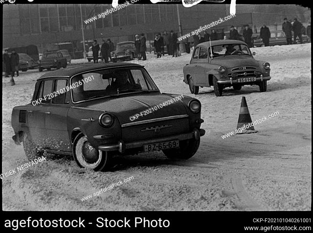 ***JANUARY 21, 1969 FILE PHOTO***Skid and Safe Driving School teach driving car on ice and snow in the Brno Exhibition Centre, Czechoslovakia, January 21, 1969