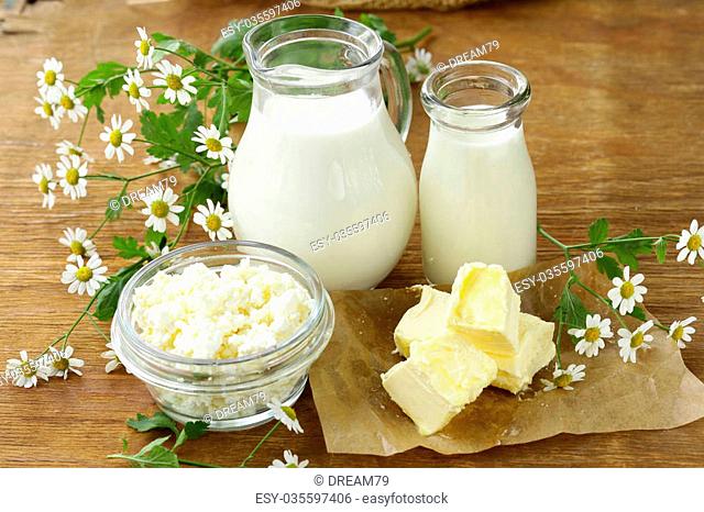 assortment of dairy products (milk, butter, sour cream, yogurt) rustic still life