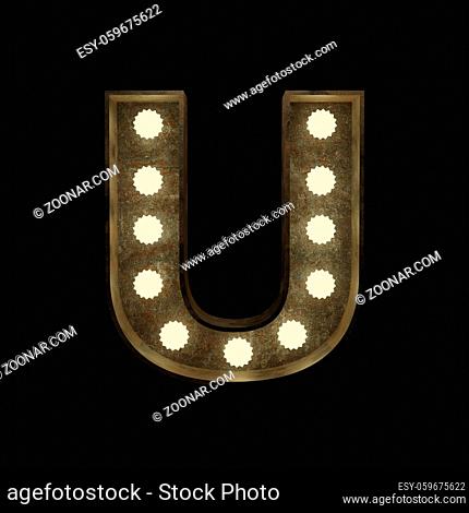 Metal letter U with small lamps on a dark background, 3d rendering