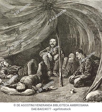 Inside Greely's tent on the arrival of the relief party, June 22, Cape Sabine, the Adolphus Greely Arctic Expedition, illustration from the magazine The Graphic