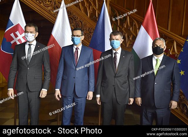 (L-R) Prime ministers of Slovakia Igor Matovic, Poland Mateusz Morawiecki, Czech Republic Andrej Babis and Hungary Viktor Orban pose for a family photo during...