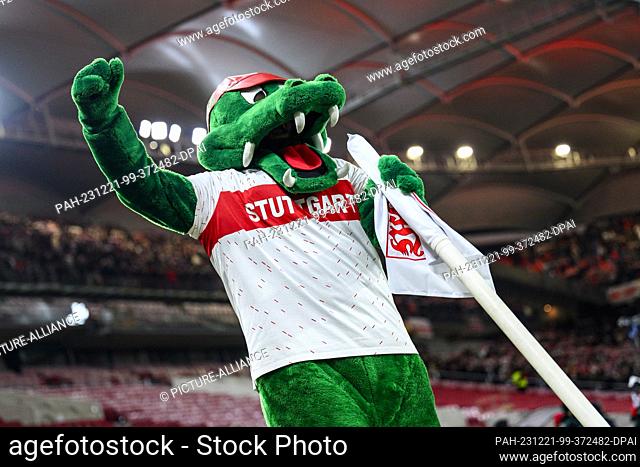 20 December 2023, Baden-Württemberg, Stuttgart: Soccer: Bundesliga, VfB Stuttgart - FC Augsburg, Matchday 16, MHPArena. Stuttgart's mascot Fritzle stands next...