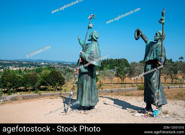 SANTIAGO DE COMPOSTELA, SPAIN - SEPTEMBER 1, 2018: Pilgrim memorial on the Camino de Santiago trail on September 1, 2018 in Galicia, Spain