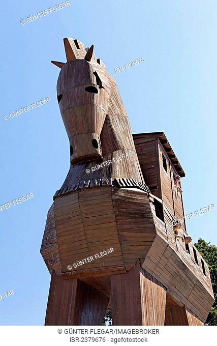 Replica of a Trojan horse at the entrance to the archaeological site of Troy, Truva, Canakkale, Marmara, Turkey, Asia