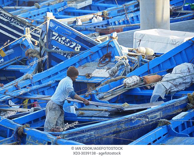 small blue boats in the fishing port, Essaouira, Morocco