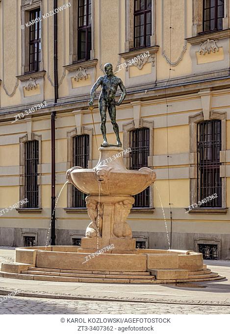 The Fencer Fountain in front of the University of Wroclaw Building, Wroclaw, Lower Silesian Voivodeship, Poland
