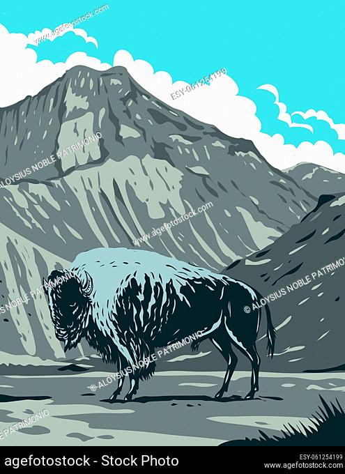 WPA poster art of an American bison with Eagle Peak mountain in Yellowstone National Park, Wyoming, United States of America done in works project...