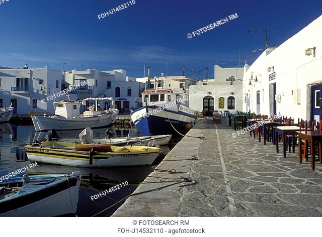 Paros, Greece, Greek Islands, Naoussa, Cyclades, Europe, Fishing boats docked in Naoussa Harbor on Paros Island on the Aegean Sea