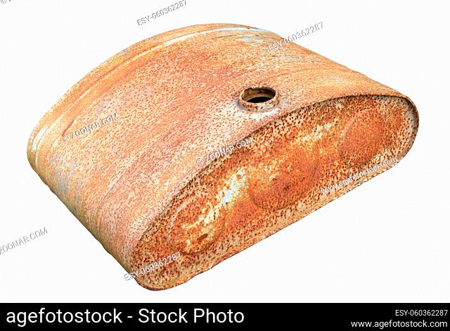 Old vintage rusty canister for gasoline and diesel. Isolated on white with patch