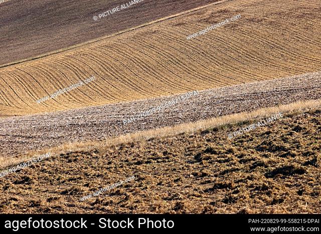29 August 2022, Bavaria, Waldbrunn: Plowed and harvested fields lie in the sunshine. Photo: Karl-Josef Hildenbrand/dpa. - Waldbrunn/Bavaria/Germany