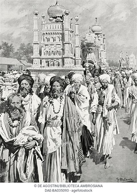 The Islamic festival of Muharram in Belgaum, India, drawing by Fortunino Matania, from L'Illustrazione Italiana, Year XXXIII, No 30, July 29, 1906