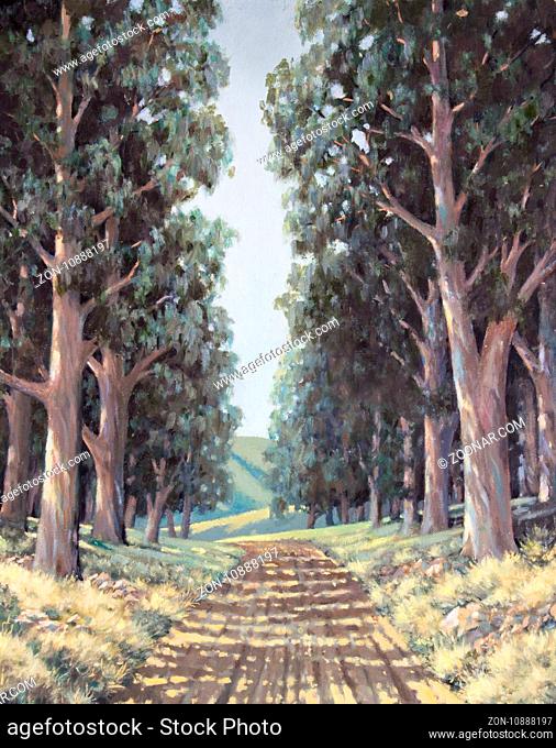 Original oil painting on canvas - Lane of sun-dappled tall eucalyptus trees next to country road in South Africa