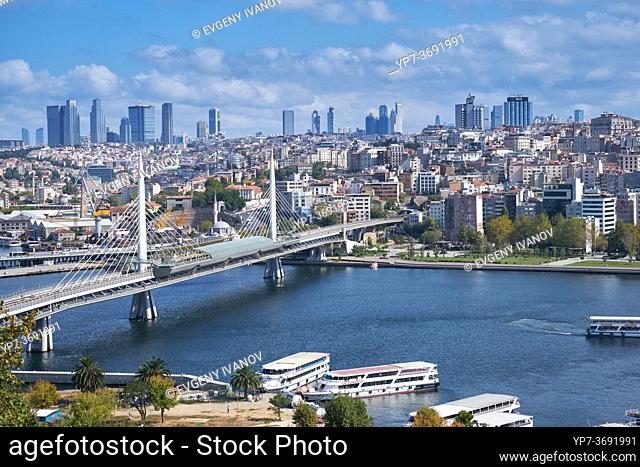 Panoramic view of Golden Horn, Metro bridge, Istanbul, Turkey