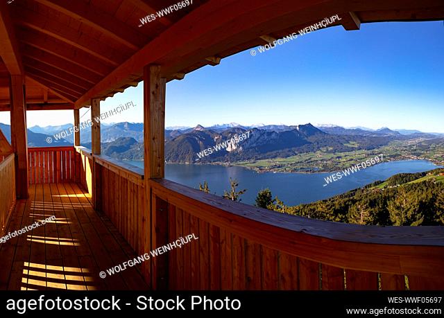 Mountains and Mondsee lake against clear sky seen from observation point, Salzkammergut, Austria