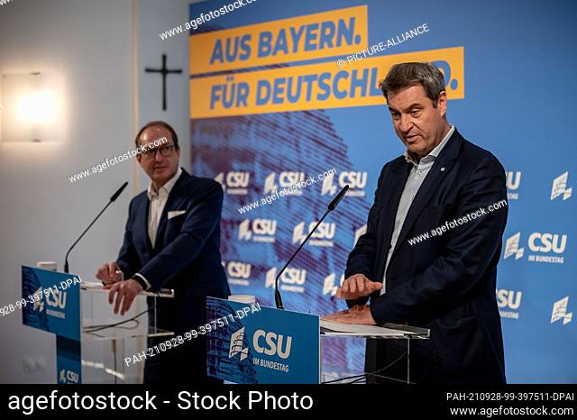 28 September 2021, Berlin: Markus Soeder, CSU Chairman and Minister President of Bavaria speaks next to Alexander Dobrindt, CSU State Group Leader