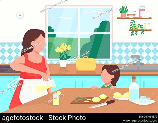 Make lemonade at home flat color vector illustration. Mother and daughter prepare summer drink. Kid helps cut lemon. Family 2D cartoon characters with kitchen...