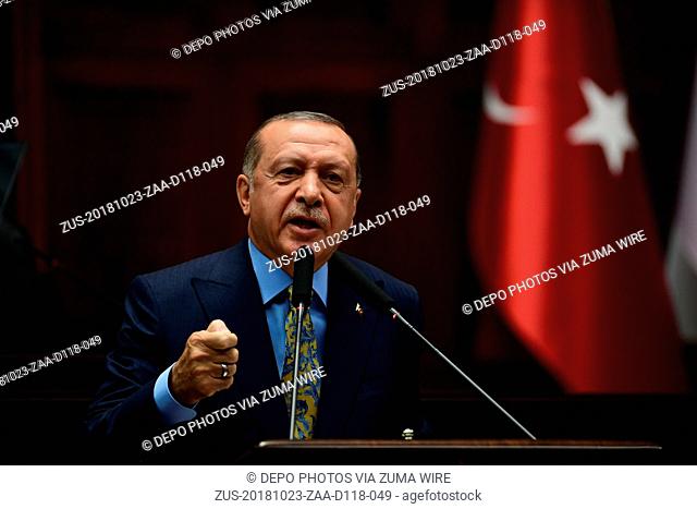 October 23, 2018 - Ankara, Turkey - Turkey's ruling party Leader and President RECEP TAYYIP ERDOGAN delivers his weekly speech to members of the parliament in...