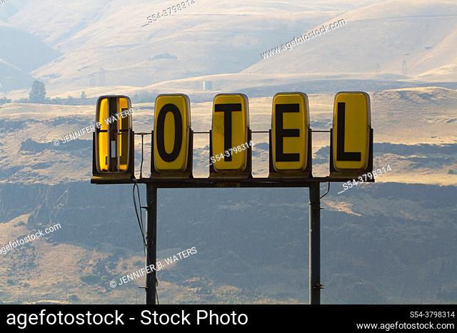 Broken old hotel sign in eastern Oregon, United States