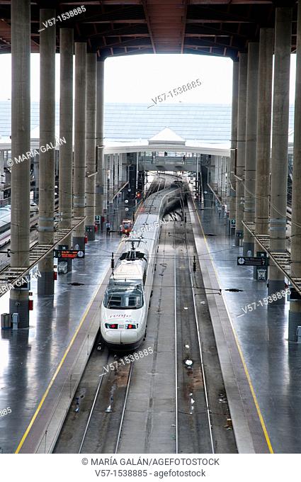Madrid-Sevilla High-speed train leaving Puerta de Atocha Railway Station. Madrid, Spain