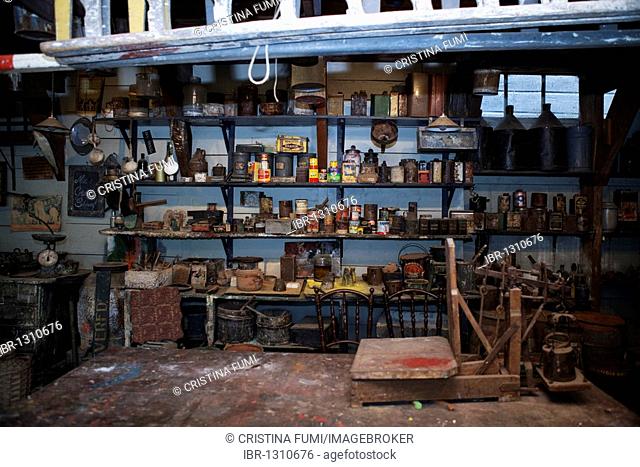 Old tool store with shelves full of antiques, Zuiderzee museum, Enkhuizen, North Holland, Netherlands, Europe