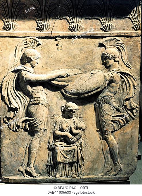Roman civilization 1st-2nd century A.D. Relief depicting Jupiter as a child with the wet nurse and two warriors. From Italy.  Paris, Musée Du Louvre