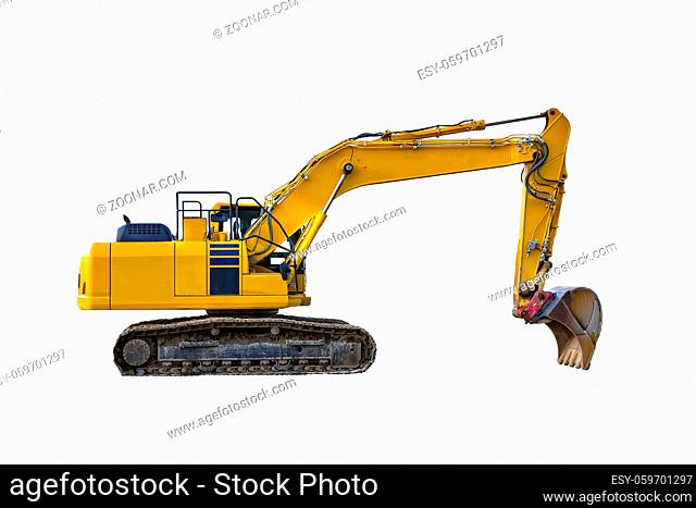 Yellow excavator in construction site isolated on white background
