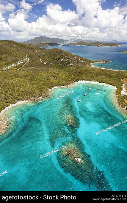 Aerial view of Salt Pond Bay with boats harboring in the bay