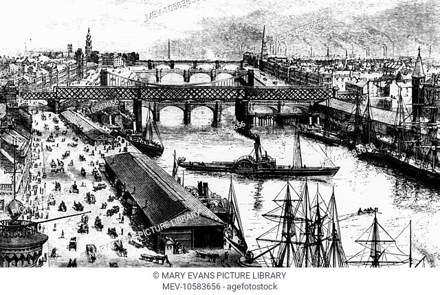 Glasgow from the Sailor\'s Home, 1880. Five bridges are visible spanning the Clyde and they are, from nearest the viewer; the Caledonian Railway Bridge...
