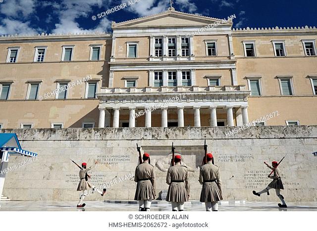 Greece, Attica, Athens, Syntagma Square, the changing of the guard by Evzones Presidential Guard at the Tomb of the Unknown Soldier in front of the parliament...
