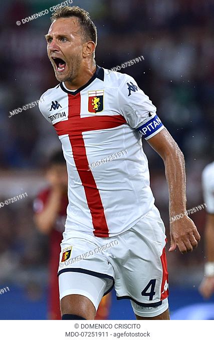 Genoa football player Domenico Criscito celebrates after score the goal during the match Roma-Genoa in the Olimpic Stadium