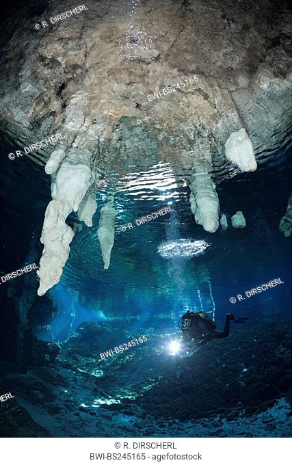, diver in the cave of Gran Cenote, Mexico, Yucatan, Tulum