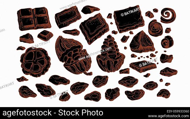 Chocolate and cacao. Vector fruit and bean set on white background. Hand drawn outline sketch, natural sweet food. Group of isolate shape