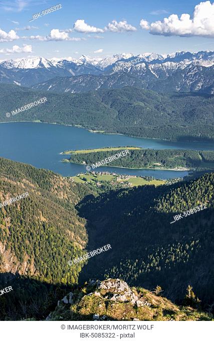 View from Herzogstand to Walchensee with Lake Walchensee, at the back Alpine chain, Upper Bavaria, Bavaria, Germany, Europe