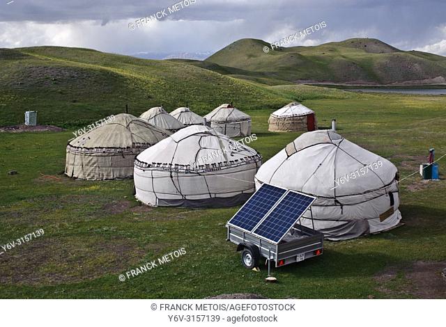 Yurt camp for tourists supplied with solar generated electricity. At Lake Tolpur ( Pamir mountains, Kyrgyzstan)