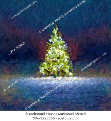 Painting entitled Christmas tree 2016 Oil Pastel on Canvas - Painted by Artist M. Younes. Younsi Studio, Maadi Cairo, Egypt - Exhibition of the Faculty of Fine...