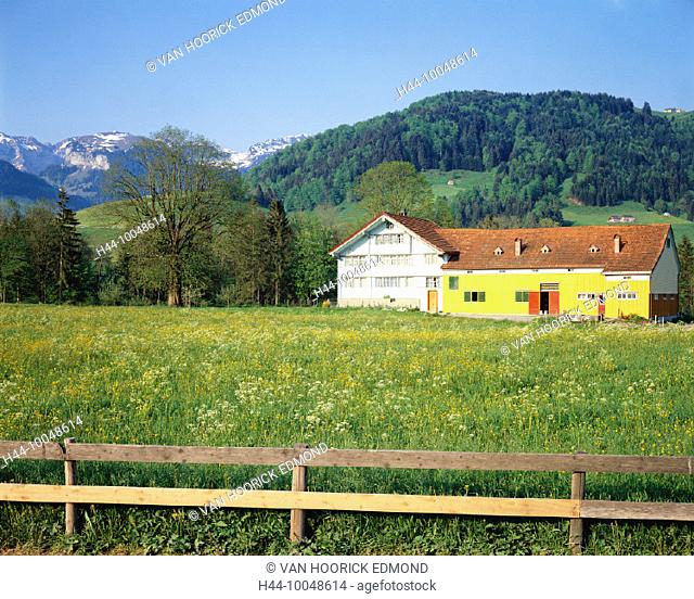 10048614, Appenzell, farmhouse Blumenau, mountain panorama, spring, Switzerland, Europe, Steinegg, meadow, fence