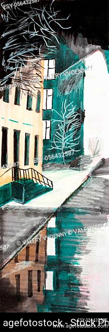 vertical cityscape with rain puddle on road near apartment houses in Dolgoprudny town, Russia in autumn night hand-drawn by color felt-tip pens on white paper