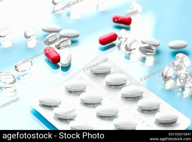 Pharma, branding and lab concept - Pills and capsules for diet nutrition, anti-aging beauty supplements, probiotic drugs