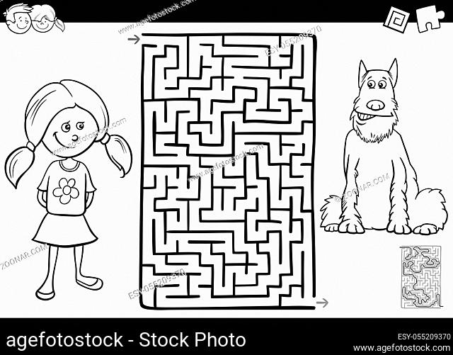 Black and White Cartoon Illustration of Educational Maze or Labyrinth Activity Game for Children with Girl and Her Pet Dog Coloring Book