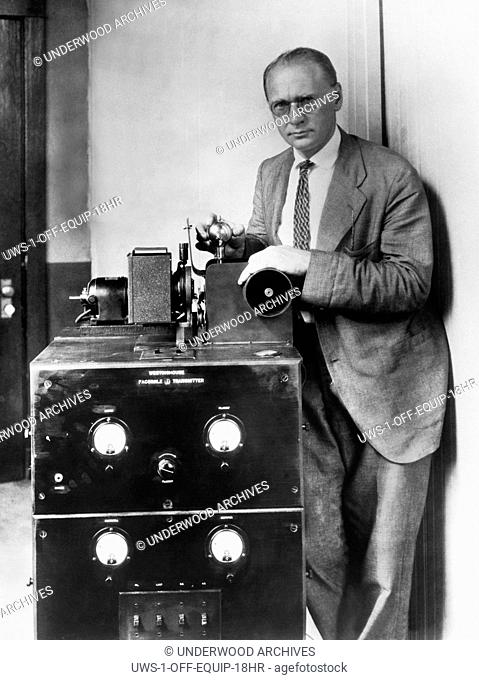East Pittsburgh, Pennsylvania: 1929 Television pioneer Dr. Vladimir Zworykin of the Westinghouse Research Laboratories with his new facsimile transmitter which...