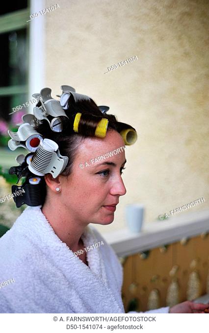 MEDEVI SWEDEN Bride to be has hair in rollers before the wedding