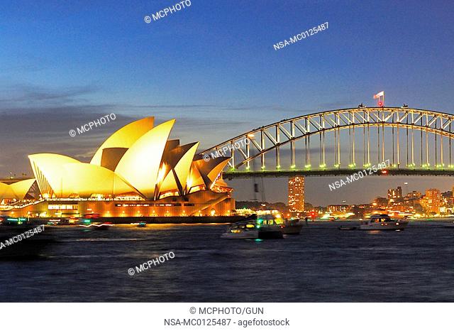 Sydney Opera House and Harbor Bridge during the blue hour, Sydney, New South Wales, Australia, February 2007