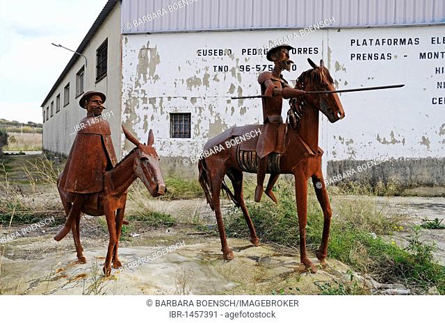 Don Quixote, Sancho Panza, metal sculpture, Gata de Gorgos, Javea, Costa Blanca, Alicante province, Spain, Europe