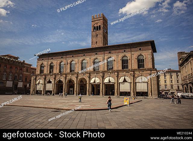 BOLOGNA, ITALY: Palazzo del PodestÃ  in Bologna, Italy a famous building in Piazza Maggiore the most important square in the city under a blue sky