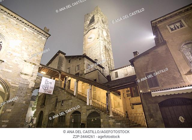 BERGAMO ITALY: Upper city of Bergamo by night is a city in the alpine Lombardy region of northern Italy on November 22, 2019
