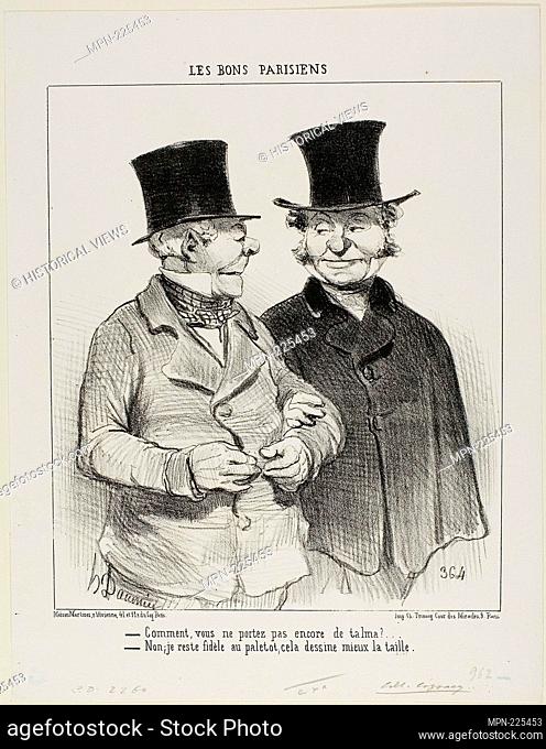 """You are not wearing a Talma yet? - No, I remain loyal to the overcoat, it's more flattering to my waistline"" plate 1 from Les Bons Parisiens - 1852 -...
