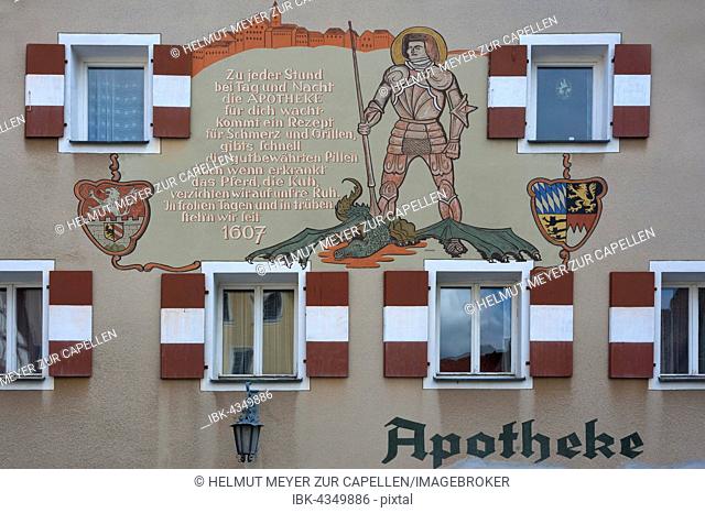 Mural with inscription and the St. George and the Dragon on the town pharmacy, Gräfenberg, Upper Franconia, Bavaria, Germany
